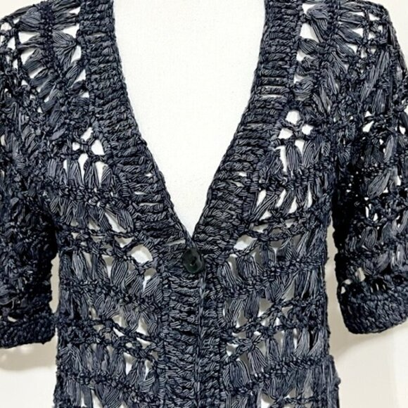 Chicos Blue Gray Twist Pinstripe Crochet Cardigan Sweater - Picture 2 of 7